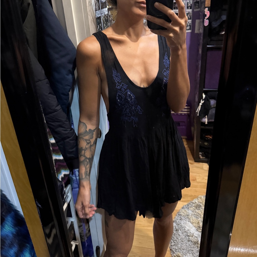 One Teaspoon Black Romper with Blue Embroidered Detail